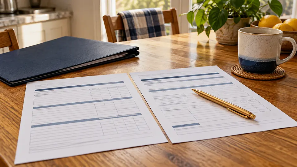 Two copies of a tax return on a Clearwater kitchen table, one being corrected for an amended return