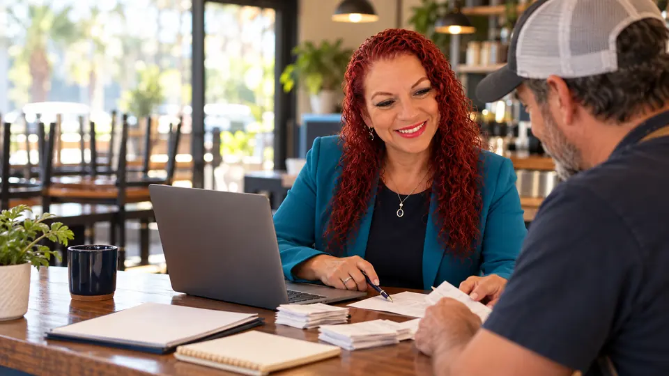 Iris doing monthly bookkeeping with a café owner at his Clearwater shop