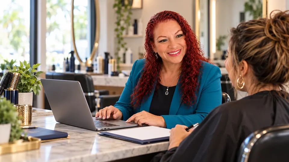 Iris meeting a salon owner in her own shop to prepare business taxes in Clearwater