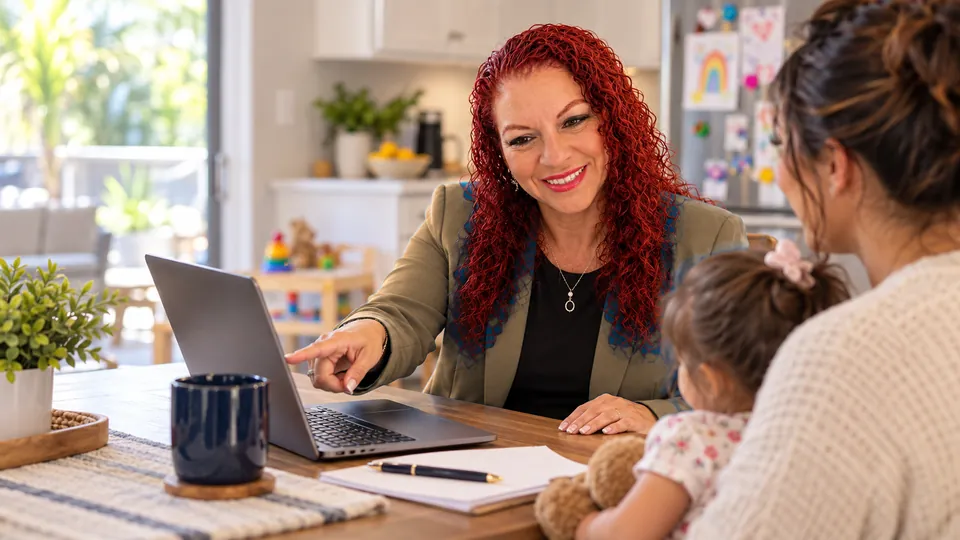 Iris helping a Clearwater mom check family tax credits at her kitchen table