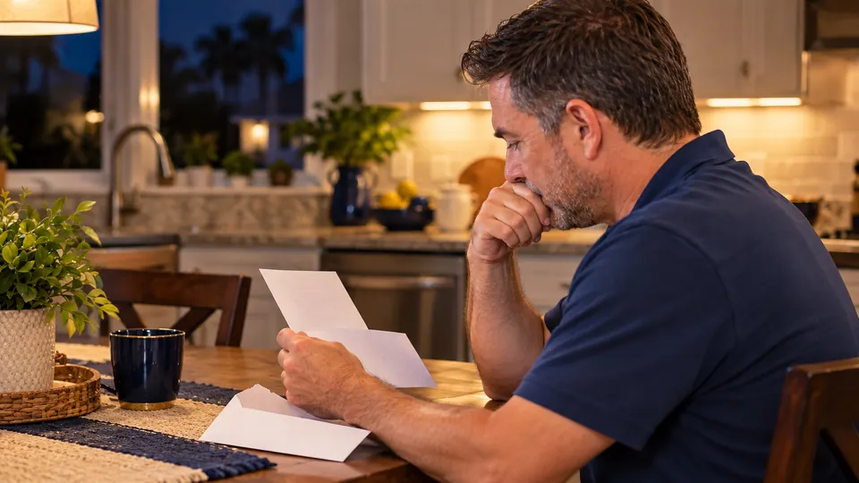 A man reading a letter from the IRS alone at his kitchen table