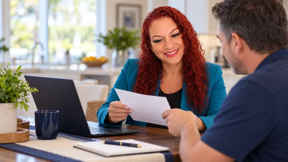 Iris reading an IRS letter with a client at his kitchen table in Clearwater