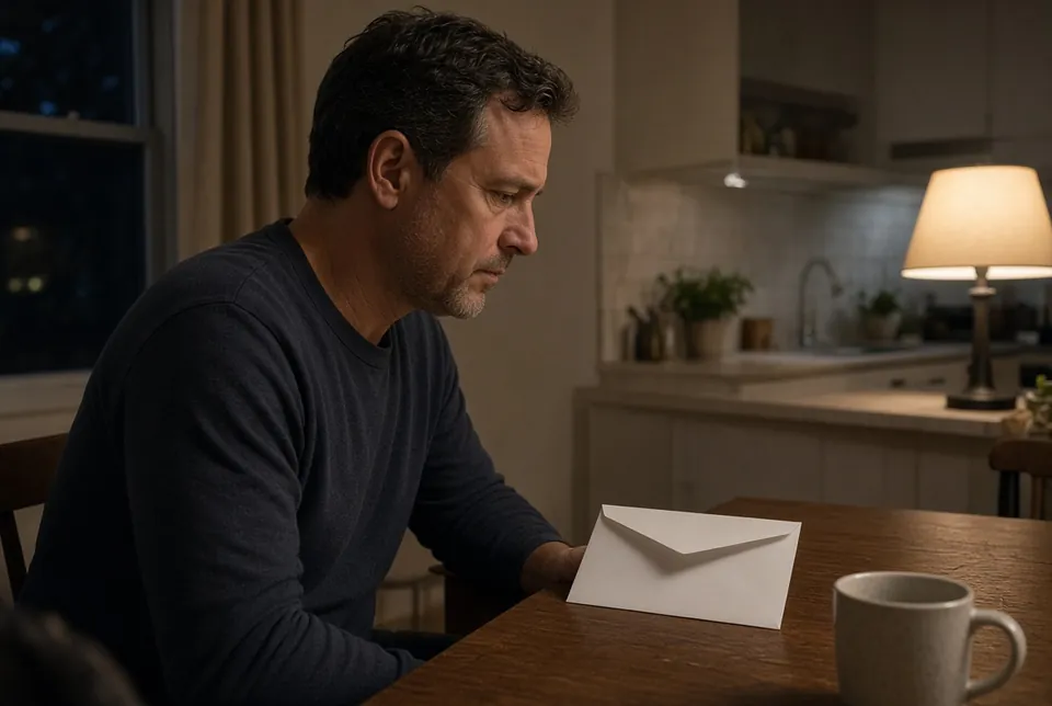Un hombre preocupado leyendo una carta del IRS solo en su cocina de noche