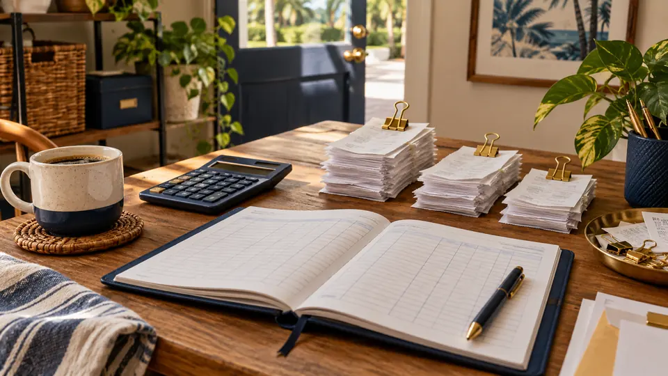 Receipts sorted by month beside a laptop for monthly bookkeeping at a Clearwater small business