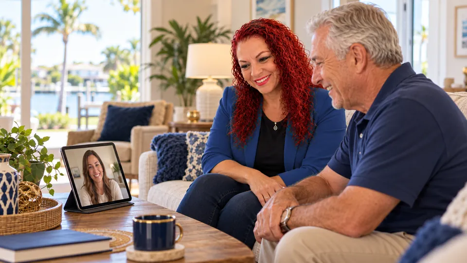 Iris with a retired client while his daughter joins the appointment by video call