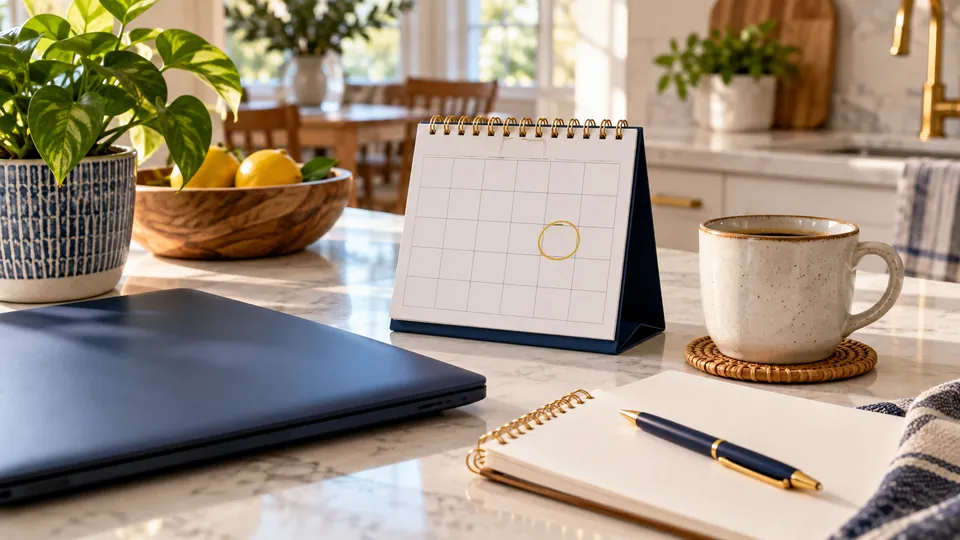 Un calendario con la fecha límite marcada junto a una computadora cerrada y un café