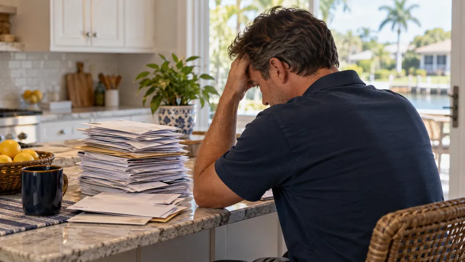 A man avoiding a stack of unopened mail about past-due tax returns